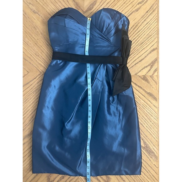 Blue Satin Cocktail Dress Bow Belt Gathered Bustier Strapless Bra Insert Size 8 - Picture 5 of 11